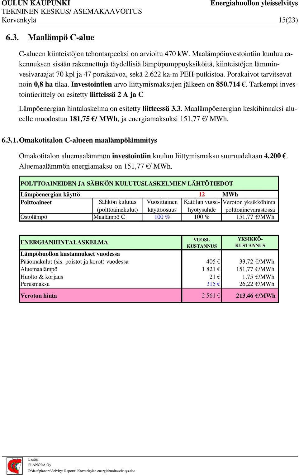 Porakaivot tarvitsevat noin 0,8 ha tilaa. Investointien arvo liittymismaksujen jälkeen on 850.714.