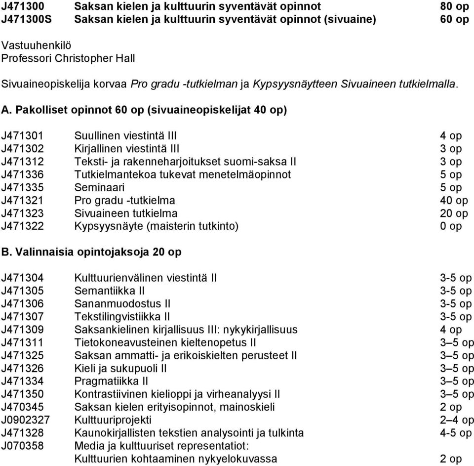 Pakolliset opinnot 60 op (sivuaineopiskelijat 40 op) J471301 Suullinen viestintä III 4 op J471302 Kirjallinen viestintä III 3 op J471312 Teksti- ja rakenneharjoitukset suomi-saksa II 3 op J471336