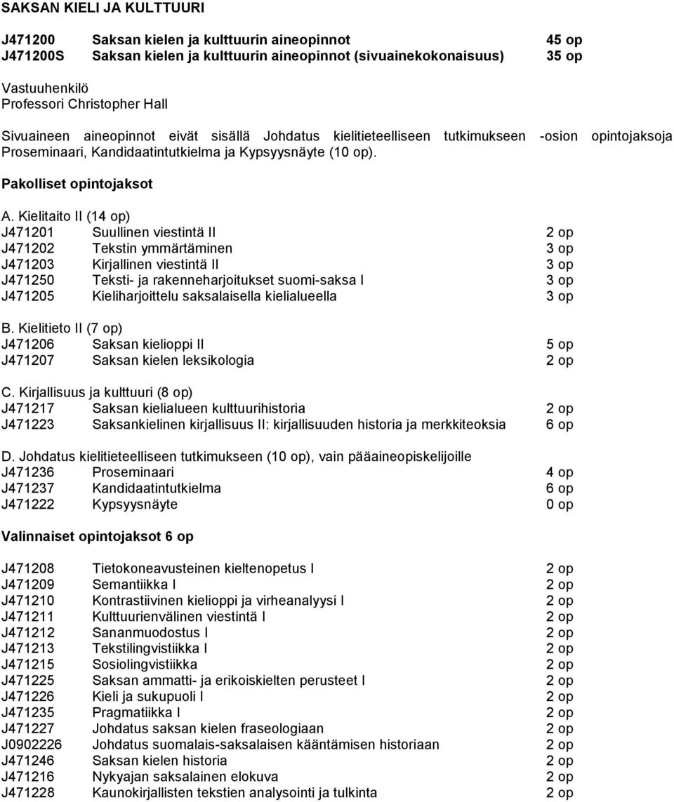 Kielitaito II (14 op) J471201 Suullinen viestintä II 2 op J471202 Tekstin ymmärtäminen 3 op J471203 Kirjallinen viestintä II 3 op J471250 Teksti- ja rakenneharjoitukset suomi-saksa I 3 op J471205