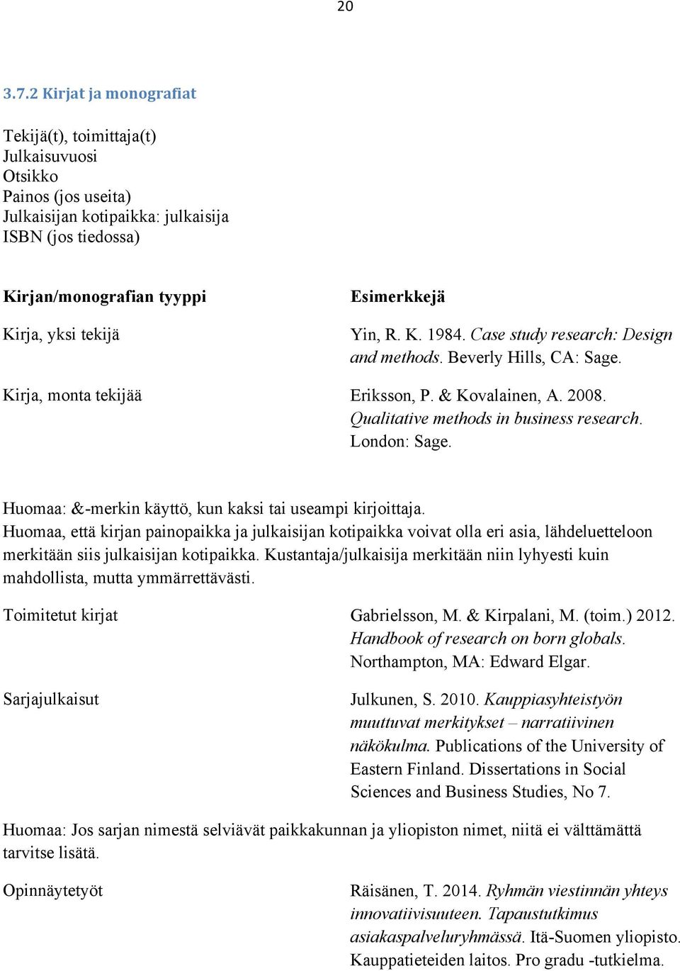 Esimerkkejä Yin, R. K. 1984. Case study research: Design and methods. Beverly Hills, CA: Sage. Kirja, monta tekijää Eriksson, P. & Kovalainen, A. 2008. Qualitative methods in business research.