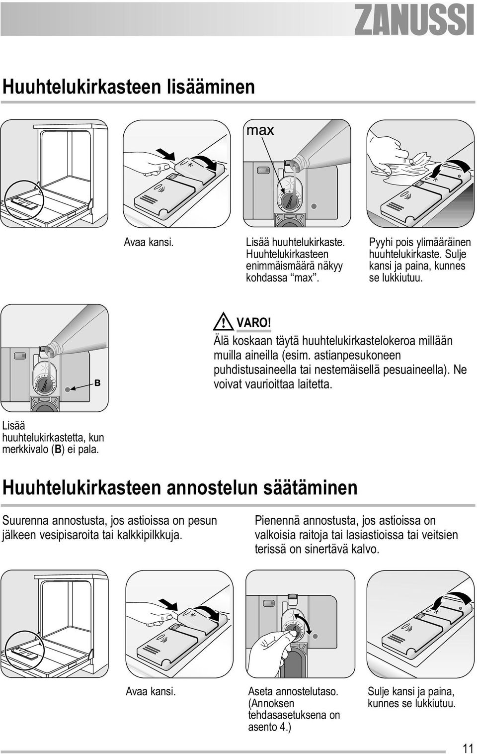 Ne voivat vaurioittaa laitetta. Lisää huuhtelukirkastetta, kun merkkivalo (B) ei pala.