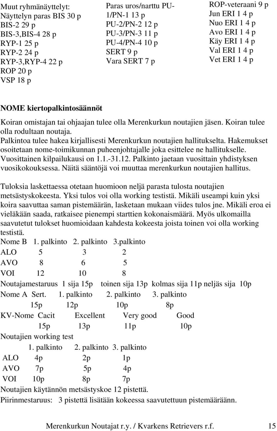 tulee olla Merenkurkun noutajien jäsen. Koiran tulee olla rodultaan noutaja. Palkintoa tulee hakea kirjallisesti Merenkurkun noutajien hallitukselta.