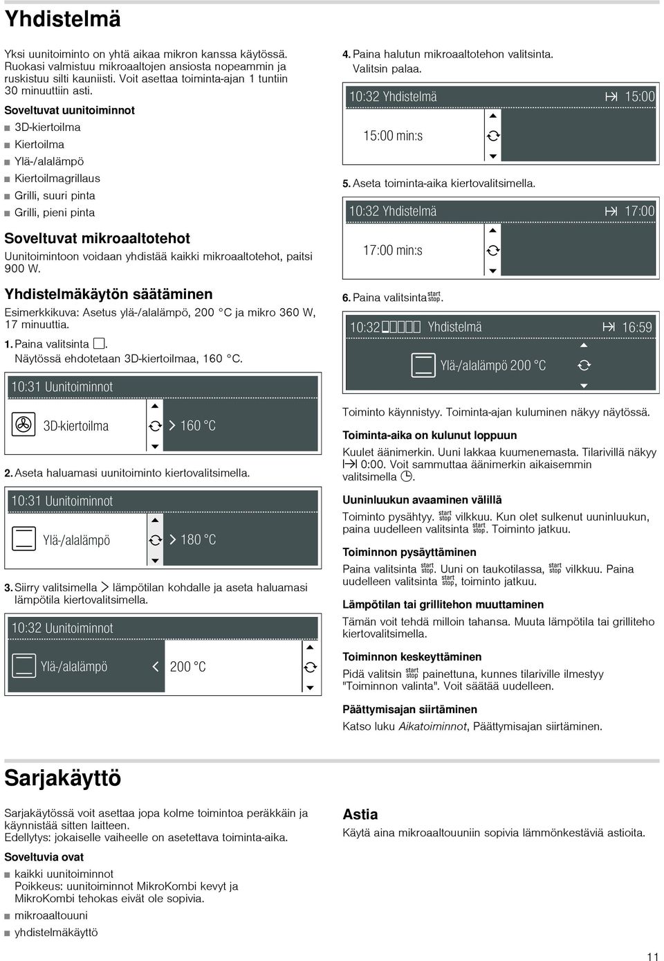3D kiertoilma Kiertoilma Ylä /alalämpö Kiertoilmagrillaus Grilli, suuri pinta Grilli, pieni pinta 5. Aseta toiminta-aika kiertovalitsimella.