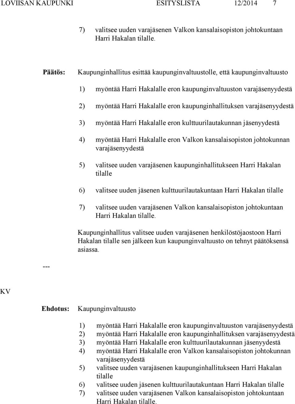 varayydestä 3) myöntää Harri Hakalalle eron kulttuurilautakunnan yydestä 4) myöntää Harri Hakalalle eron Valkon kansalaisopiston johtokunnan varayydestä 5) valitsee uuden varaen kaupunginhallitukseen