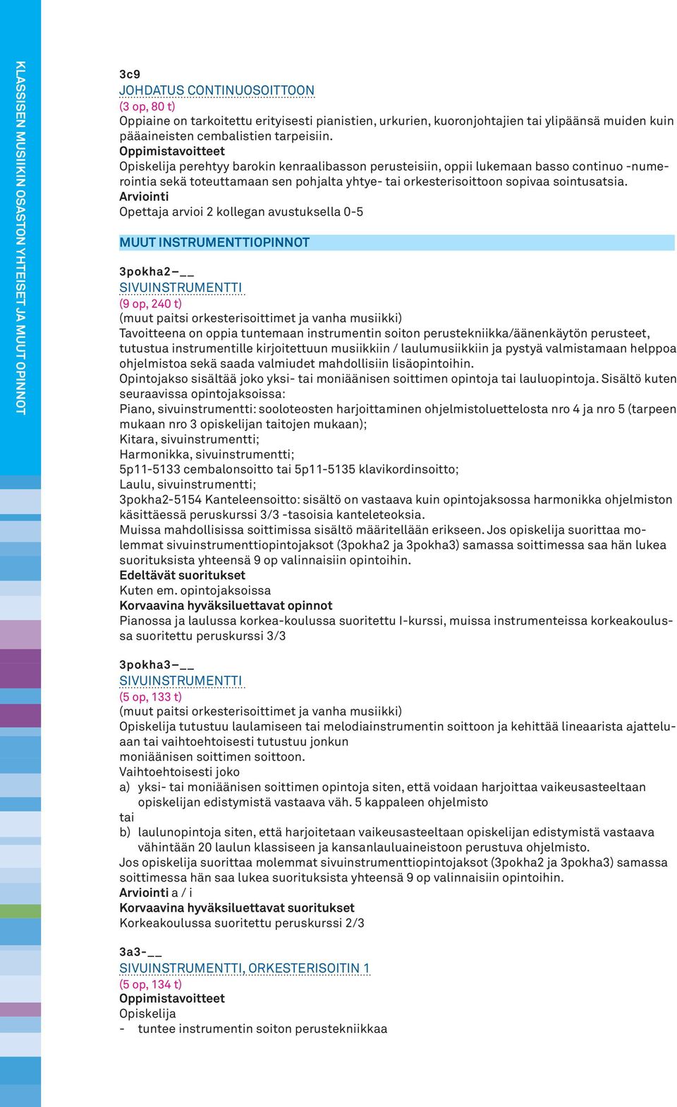 Opettaja arvioi 2 kollegan avustuksella 0-5 MUUT INSTRUMENTTIOPINNOT 3pokha2 SIVUINSTRUMENTTI (9 op, 240 t) (muut paitsi orkesterisoittimet ja vanha musiikki) Tavoitteena on oppia tuntemaan