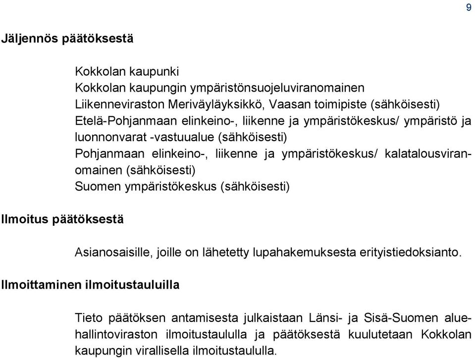 ympäristökeskus/ kalatalousviranomainen (sähköisesti) Suomen ympäristökeskus (sähköisesti) Asianosaisille, joille on lähetetty lupahakemuksesta erityistiedoksianto.