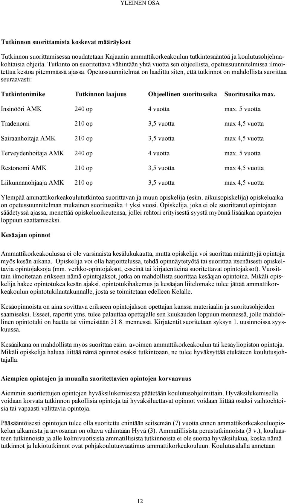 Opetussuunnitelmat on laadittu siten, että tutkinnot on mahdollista suorittaa seuraavasti: Tutkintonimike Tutkinnon laajuus Ohjeellinen suoritusaika Suoritusaika max.