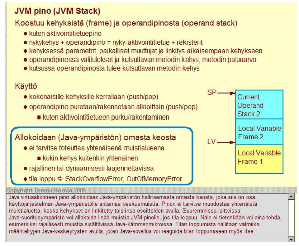 metodin kehys Käyttö kokonai si IIe kehyksi IIe kerrallaan (push/pop) operandi pino puretaan/rakennetaan alki oittai n (push/pop) 1 kuten aktivoi ntiti etueen purku/rakentami nen Allokoidaan