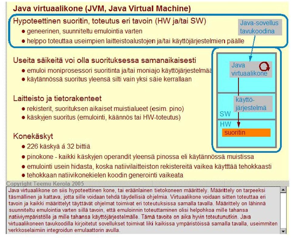 suoritus yleensä silti vain yksi s äie kerrallaan Java f Q virtuaalikone Laitteisto ja tietorakenteet rekisteri!, suorituks en aikaiset muistialueet (esim.