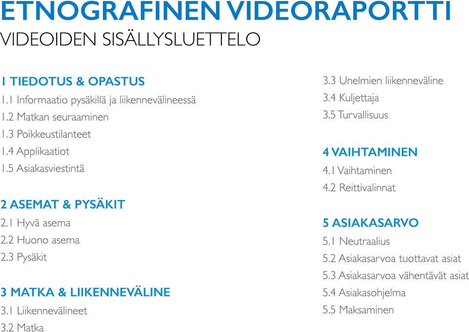 3 Pysäkit 3 MATKA & LIIKENNEVÄLINE 3.1 Liikennevälineet 3.2 Matka 3.3 Unelmien liikenneväline 3.4 Kuljettaja 3.