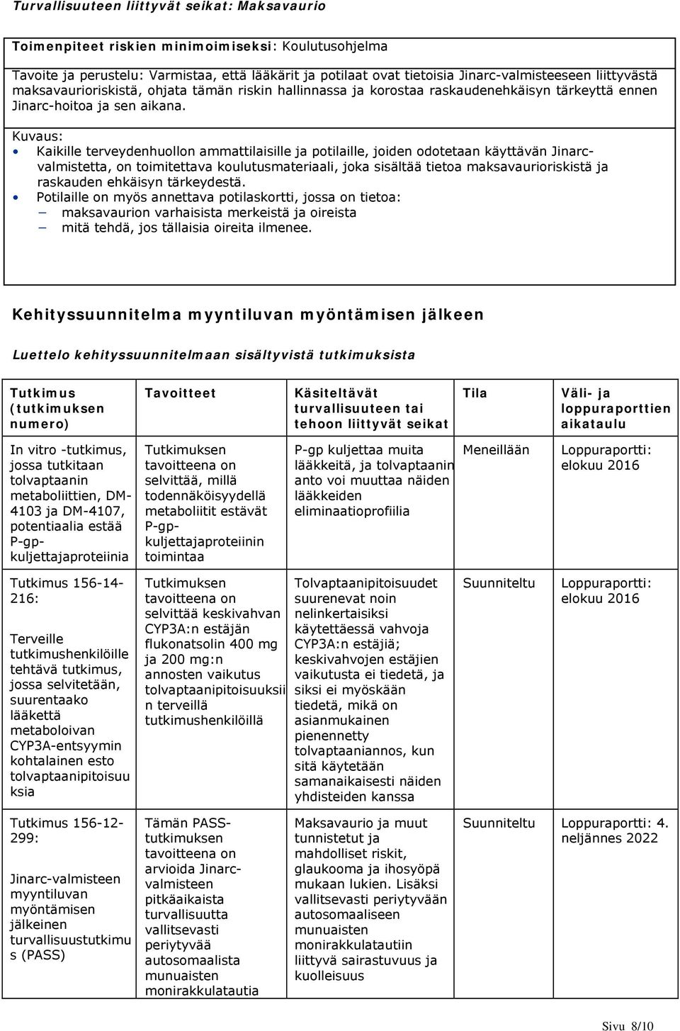 Kuvaus: Kaikille terveydenhuollon ammattilaisille ja potilaille, joiden odotetaan käyttävän Jinarcvalmistetta, on toimitettava koulutusmateriaali, joka sisältää tietoa maksavaurioriskistä ja