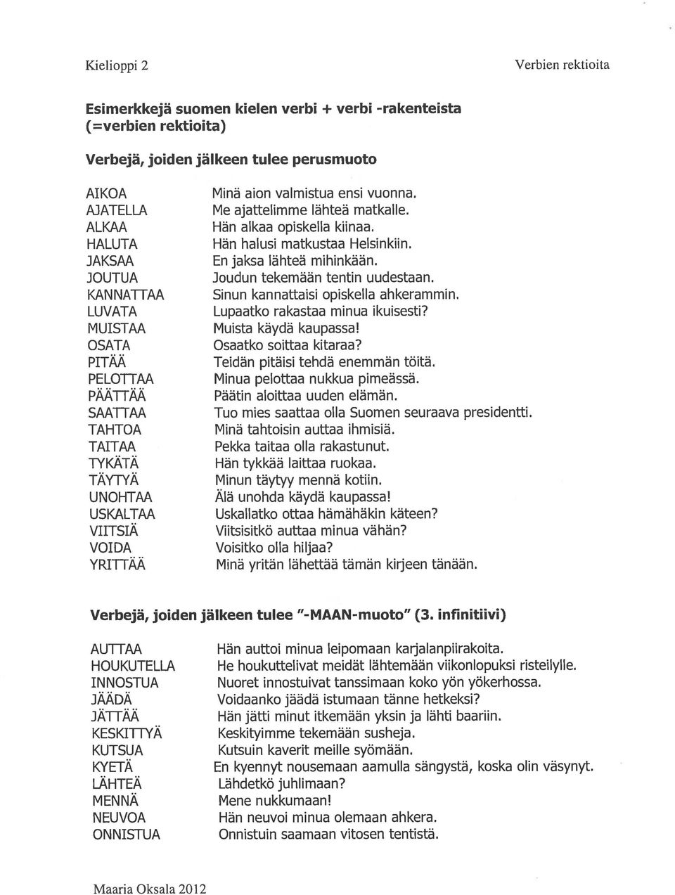 Hän halusi matkustaa Helsinkiin. En jaksa lähteä mihinkään. Joudun tekemään tentin uudestaan. Sinun kannattaisi opiskella ahkerammin. Lupaatko rakastaa minua ikuisesti? Muista käydä kaupassa!