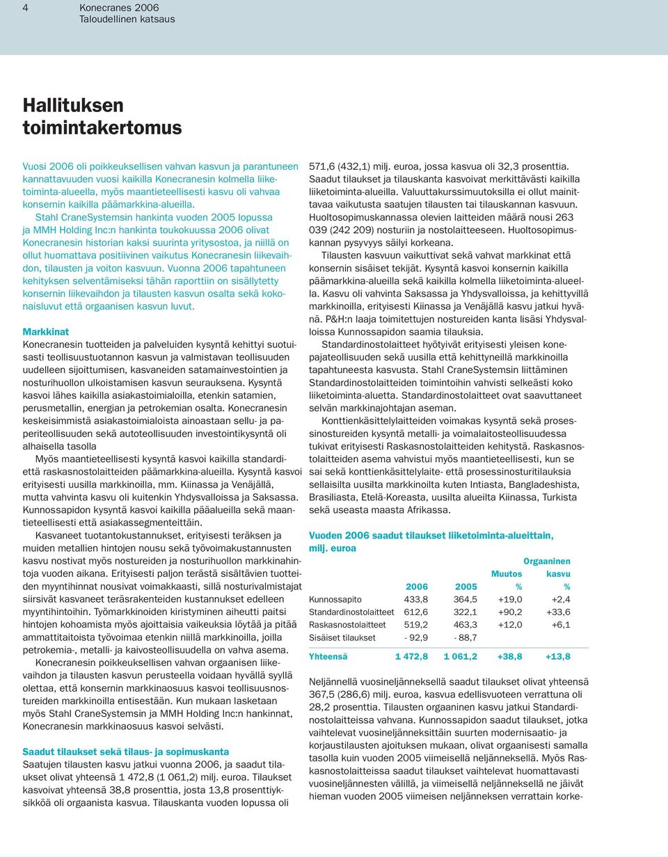 Stahl CraneSystemsin hankinta vuoden 2005 lopussa ja MMH Holding Inc:n hankinta toukokuussa 2006 olivat Konecranesin historian kaksi suurinta yritysostoa, ja niillä on ollut huomattava positiivinen