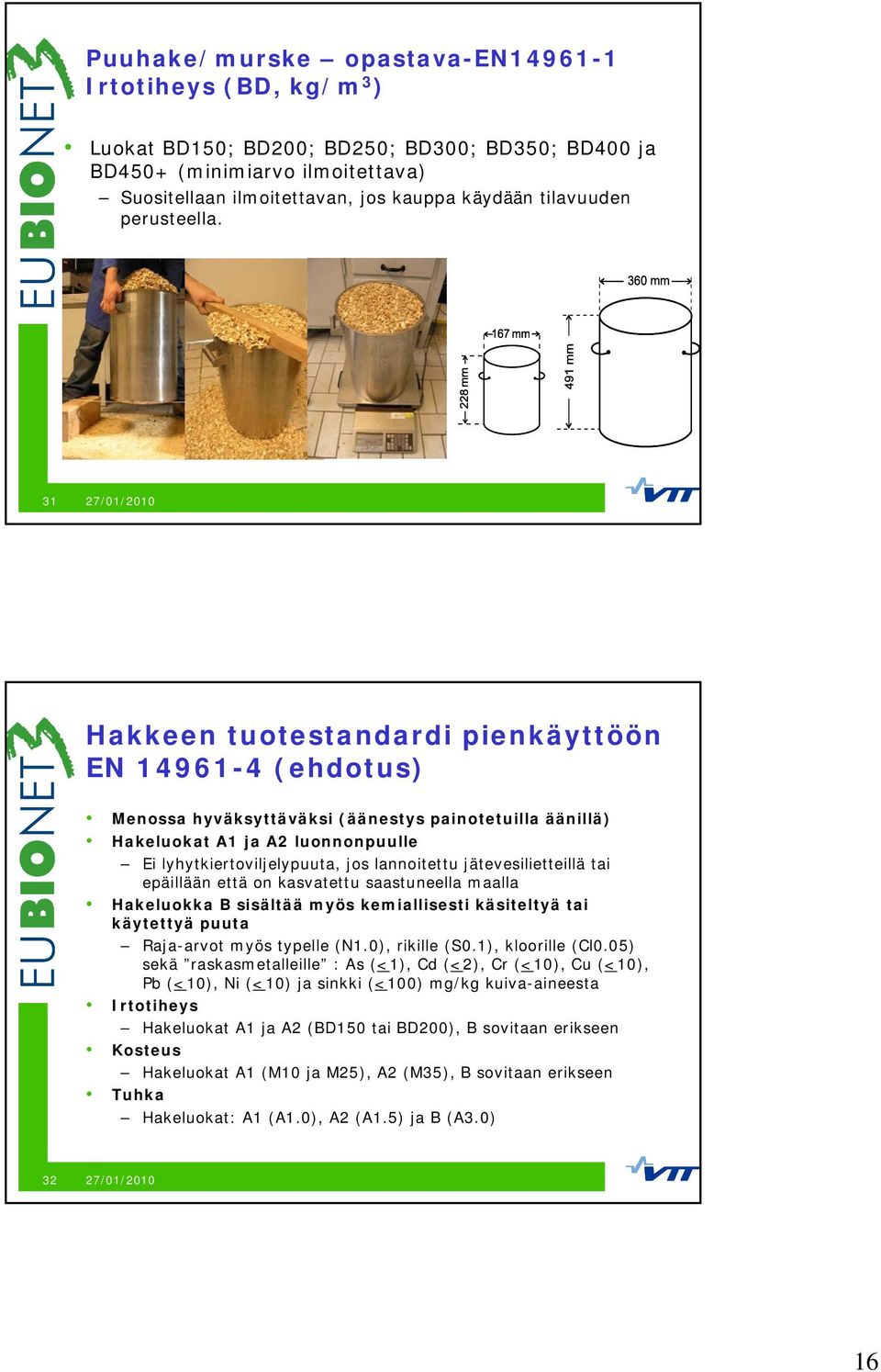 31 Hakkeen tuotestandardi pienkäyttöön EN 14961-4 (ehdotus) Menossa hyväksyttäväksi (äänestys painotetuilla äänillä) Hakeluokat A1 ja A2 luonnonpuulle Ei lyhytkiertoviljelypuuta, jos lannoitettu