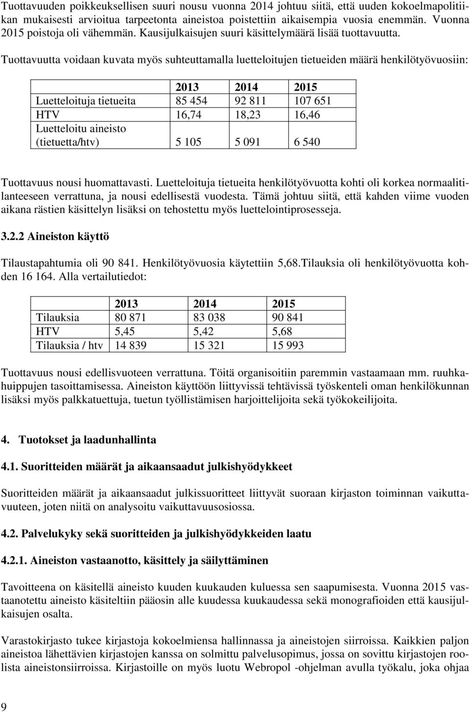 Tuottavuutta voidaan kuvata myös suhteuttamalla luetteloitujen tietueiden määrä henkilötyövuosiin: Luetteloituja tietueita 85 454 92 811 107 651 HTV 16,74 18,23 16,46 Luetteloitu aineisto
