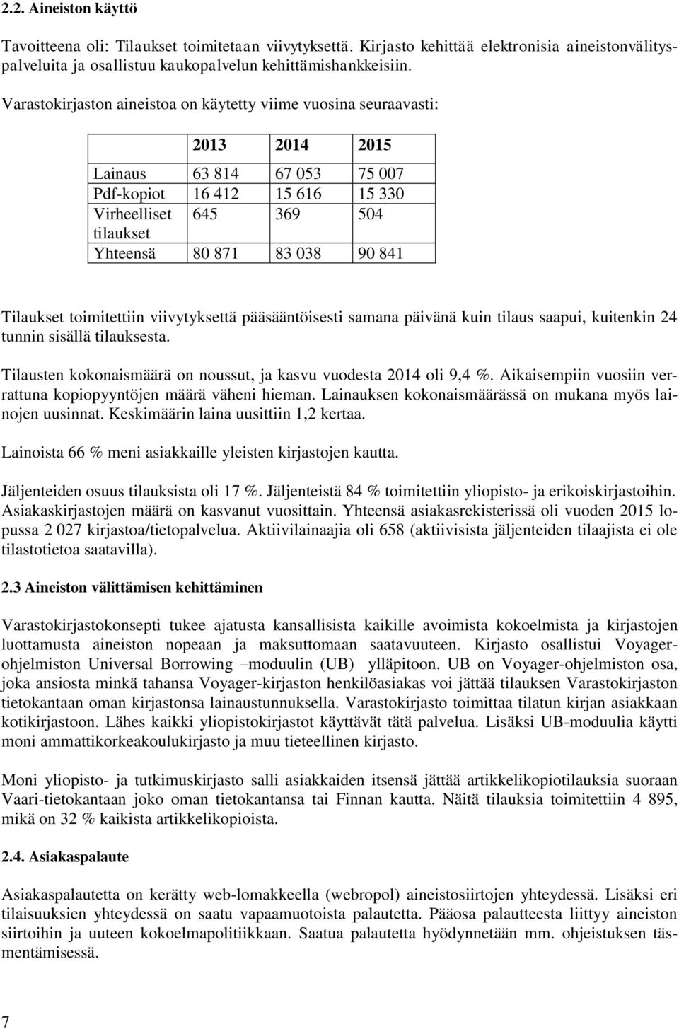 Tilaukset toimitettiin viivytyksettä pääsääntöisesti samana päivänä kuin tilaus saapui, kuitenkin 24 tunnin sisällä tilauksesta. Tilausten kokonaismäärä on noussut, ja kasvu vuodesta 2014 oli 9,4 %.