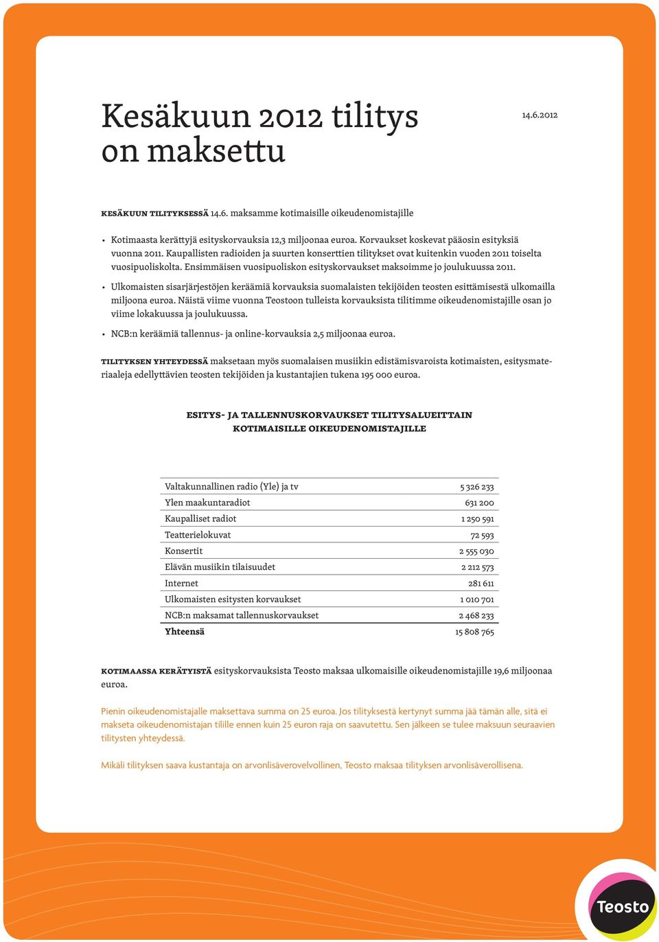 Ensimmäisen vuosipuoliskon esityskorvaukset maksoimme jo joulukuussa 2011. Ulkomaisten sisarjärjestöjen keräämiä korvauksia suomalaisten tekijöiden teosten esittämisestä ulkomailla miljoona euroa.