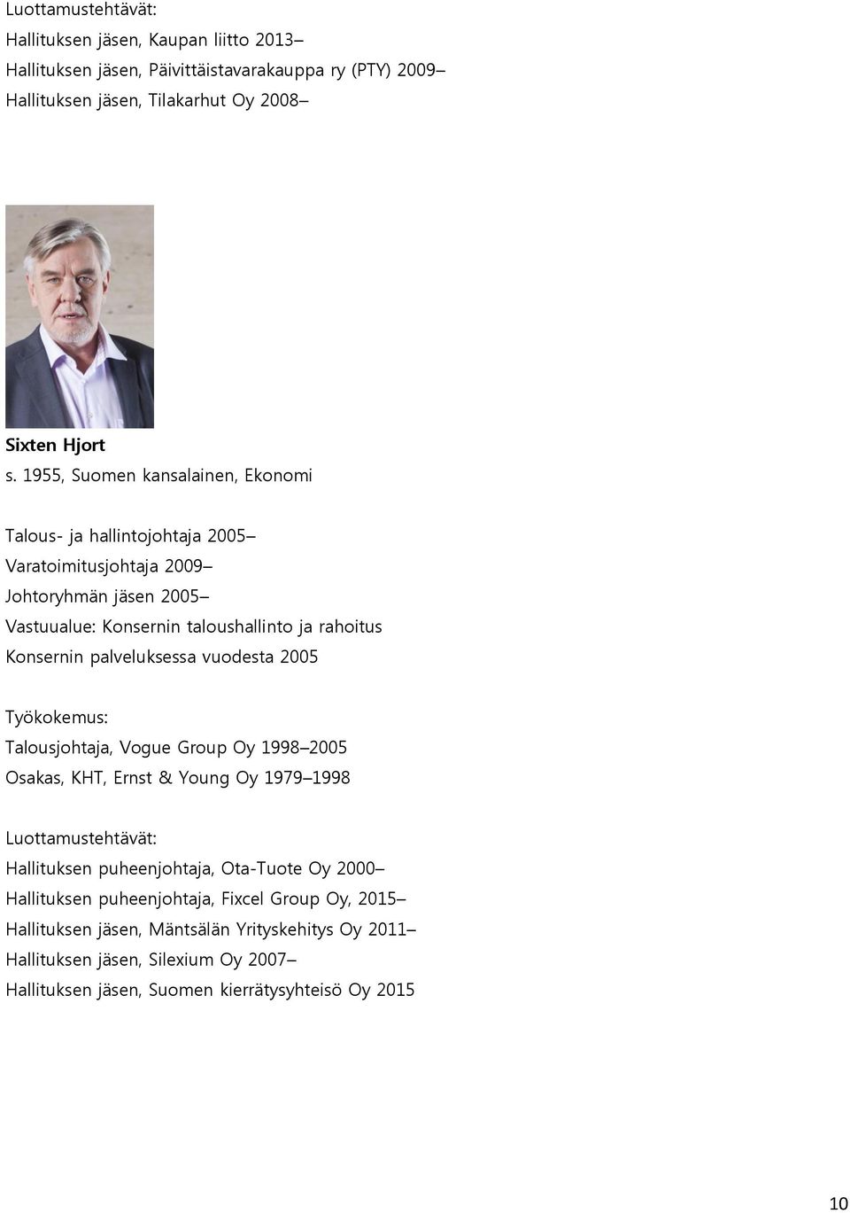 palveluksessa vuodesta 2005 Työkokemus: Talousjohtaja, Vogue Group Oy 1998 2005 Osakas, KHT, Ernst & Young Oy 1979 1998 Luottamustehtävät: Hallituksen puheenjohtaja, Ota-Tuote Oy