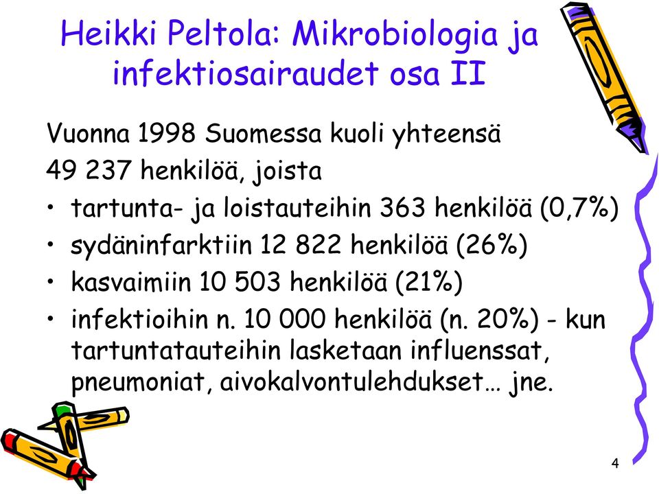 sydäninfarktiin 12 822 henkilöä (26%) kasvaimiin 10 503 henkilöä (21%) infektioihin n.