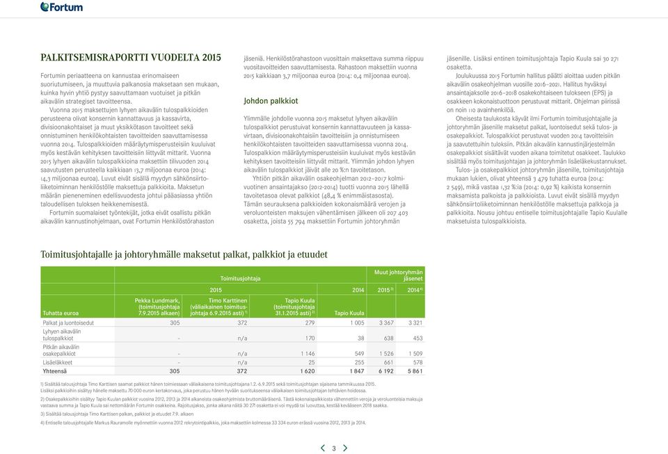 Vuonna 2015 maksettujen lyhyen aikavälin tulospalkkioiden perusteena olivat konsernin kannattavuus ja kassavirta, divisioona kohtaiset ja muut yksikkötason tavoitteet sekä onnistuminen henkilö