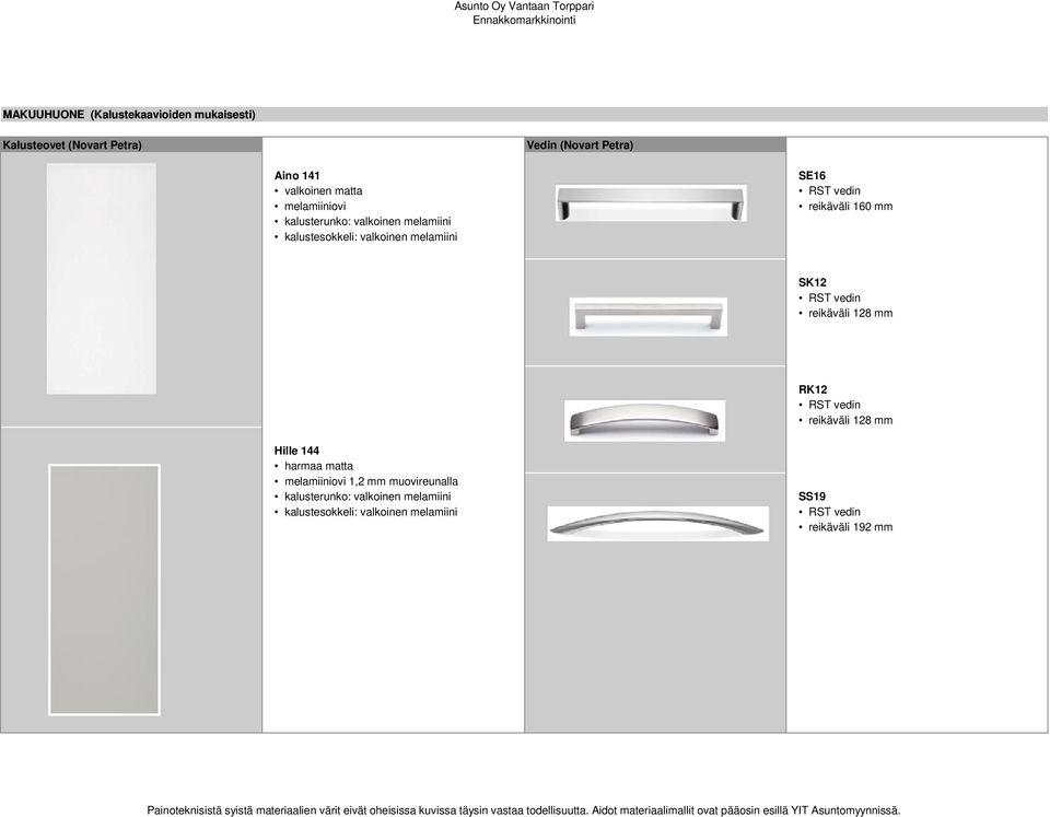 reikäväli 160 mm SK12 RST vedin reikäväli 128 mm RK12 RST vedin reikäväli 128 mm Hille 144 harmaa matta