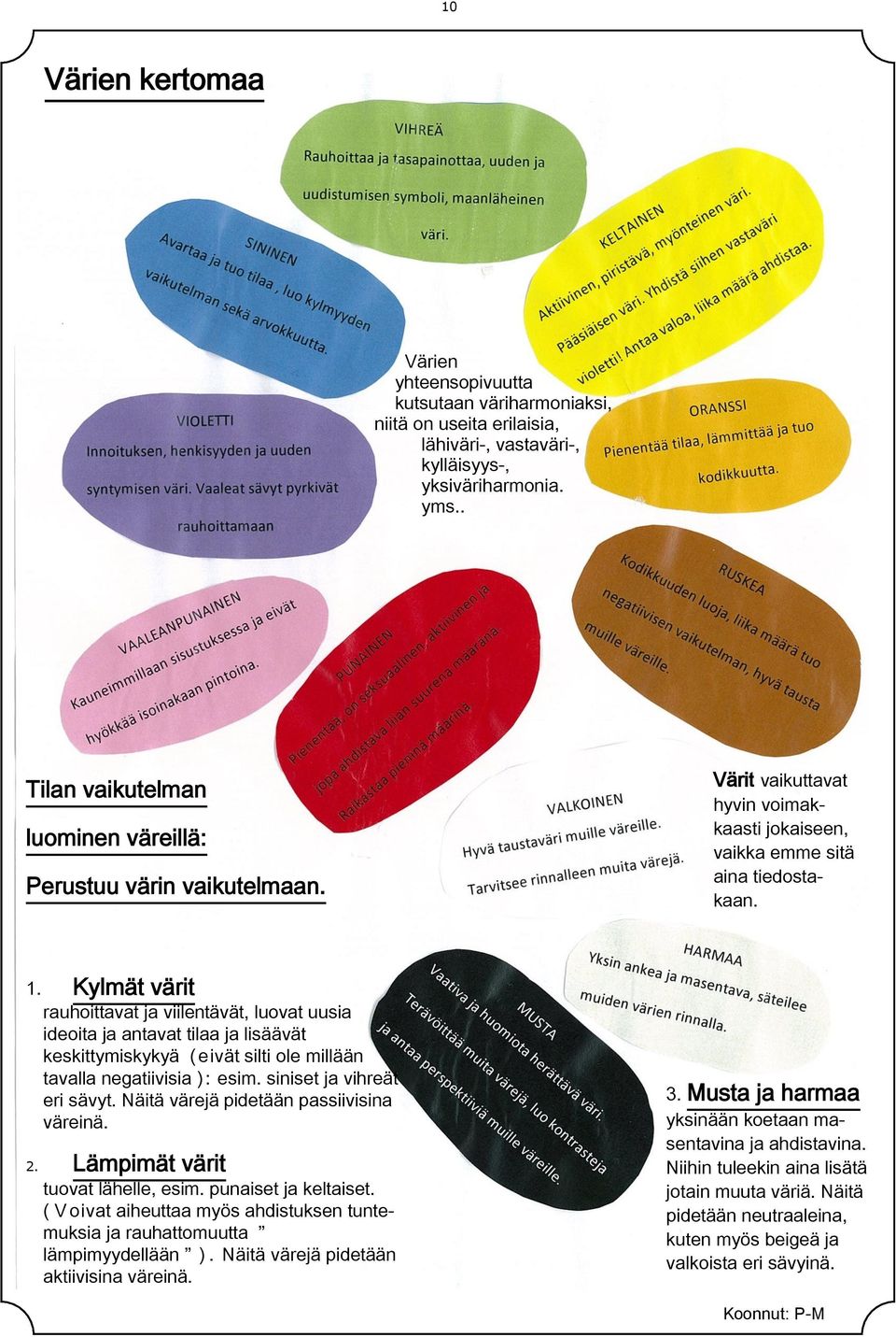 Kylmät värit rauhoittavat ja viilentävät, luovat uusia ideoita ja antavat tilaa ja lisäävät keskittymiskykyä (eivät silti ole millään tavalla negatiivisia ) : esim. siniset ja vihreät eri sävyt.