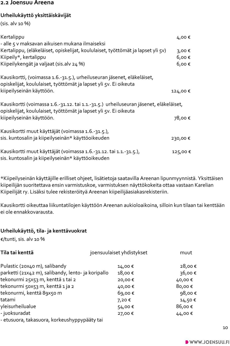 ja valjaat (sis.alv 24 %) 6,00 Kausikortti, (voimassa 1.6.-31.5.), urheiluseuran jäsenet, eläkeläiset, opiskelijat, koululaiset, työttömät ja lapset yli 5v. Ei oikeuta kiipeilyseinän käyttöön.