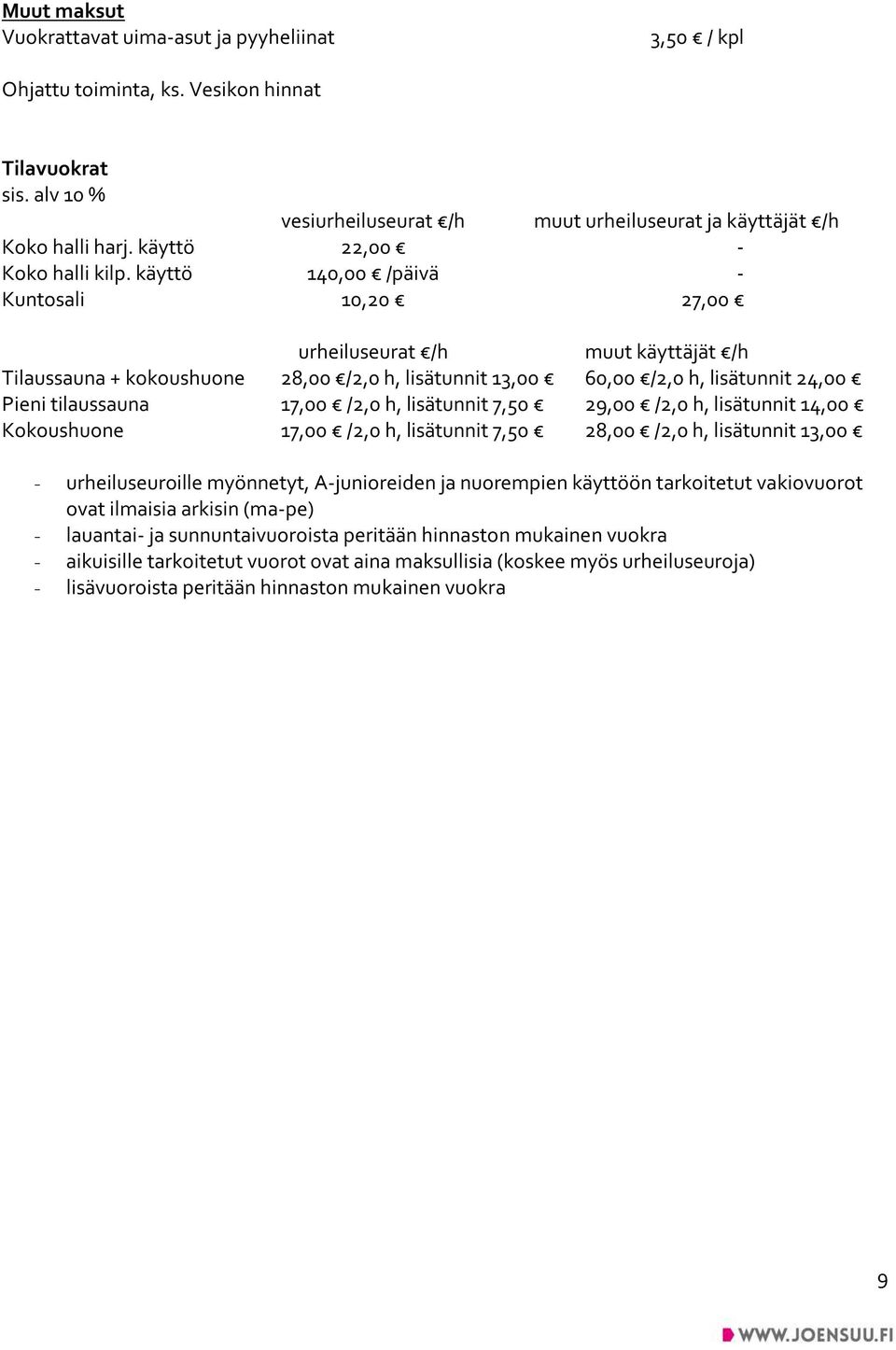 käyttö 140,00 /päivä - Kuntosali 10,20 27,00 urheiluseurat /h muut käyttäjät /h Tilaussauna + kokoushuone 28,00 /2,0 h, lisätunnit 13,00 60,00 /2,0 h, lisätunnit 24,00 Pieni tilaussauna 17,00 /2,0 h,