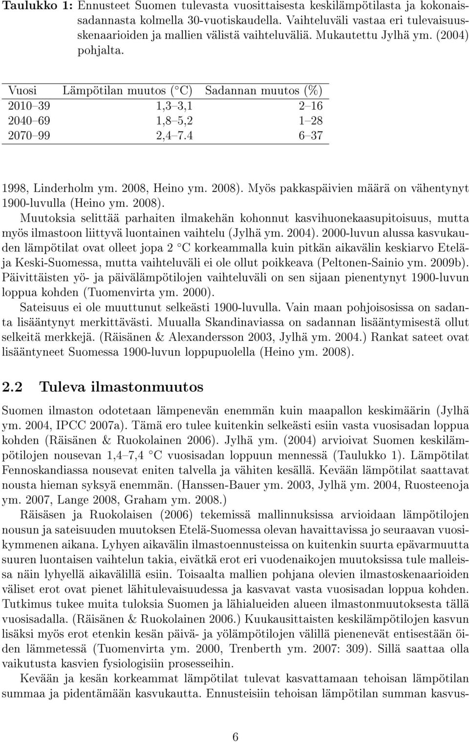 Vuosi Lämpötilan muutos ( C) Sadannan muutos (%) 201039 1,33,1 216 204069 1,85,2 128 207099 2,47.4 637 1998, Linderholm ym. 2008, Heino ym. 2008).