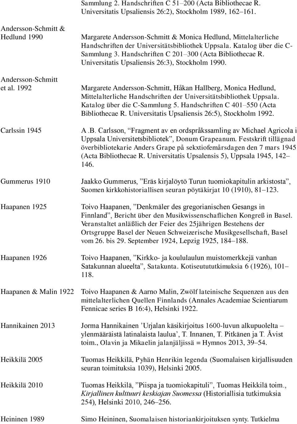 Katalog über die C- Sammlung 3. Handschriften C 201 300 (Acta Bibliothecae R. Universitatis Upsaliensis 26:3), Stockholm 1990.