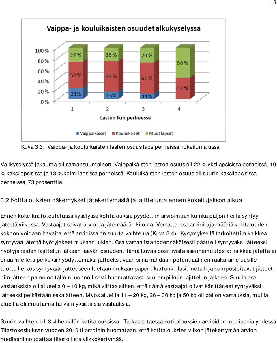 2 Kotitalouksien näkemykset jätekertymästä ja lajittelusta ennen kokeilujakson alkua Ennen kokeilua toteutetussa kyselyssä kotitalouksia pyydettiin arvioimaan kuinka paljon heillä syntyy jätettä