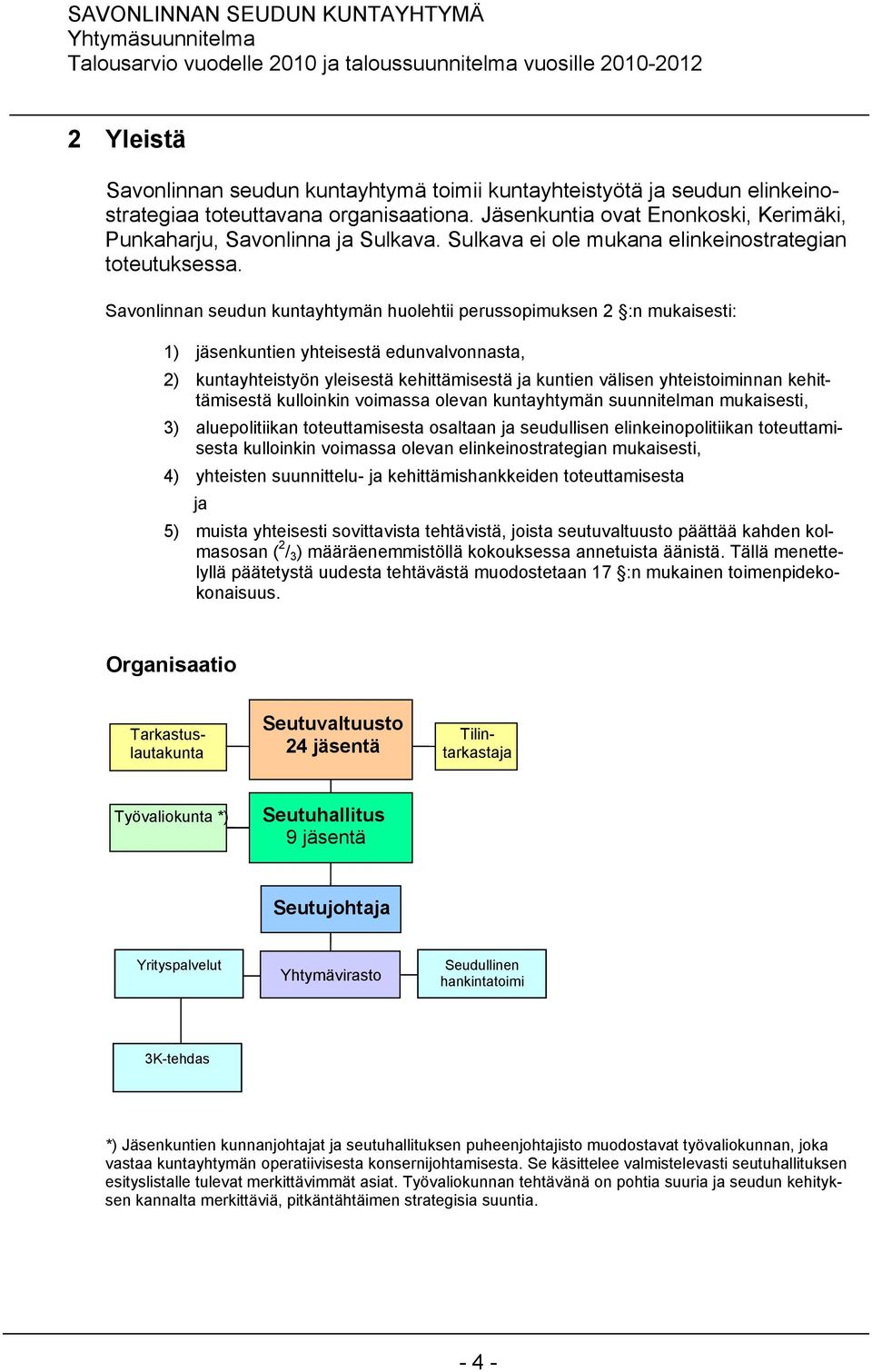 Savonlinnan seudun kuntayhtymän huolehtii perussopimuksen 2 :n mukaisesti: 1) jäsenkuntien yhteisestä edunvalvonnasta, 2) kuntayhteistyön yleisestä kehittämisestä ja kuntien välisen yhteistoiminnan