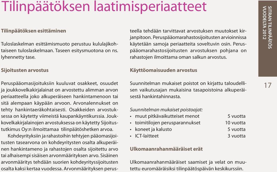 Arvonalennukset on tehty hankintaeräkohtaisesti. Osakkeiden arvostuksessa on käytetty viimeistä kaupankäyntikurssia.