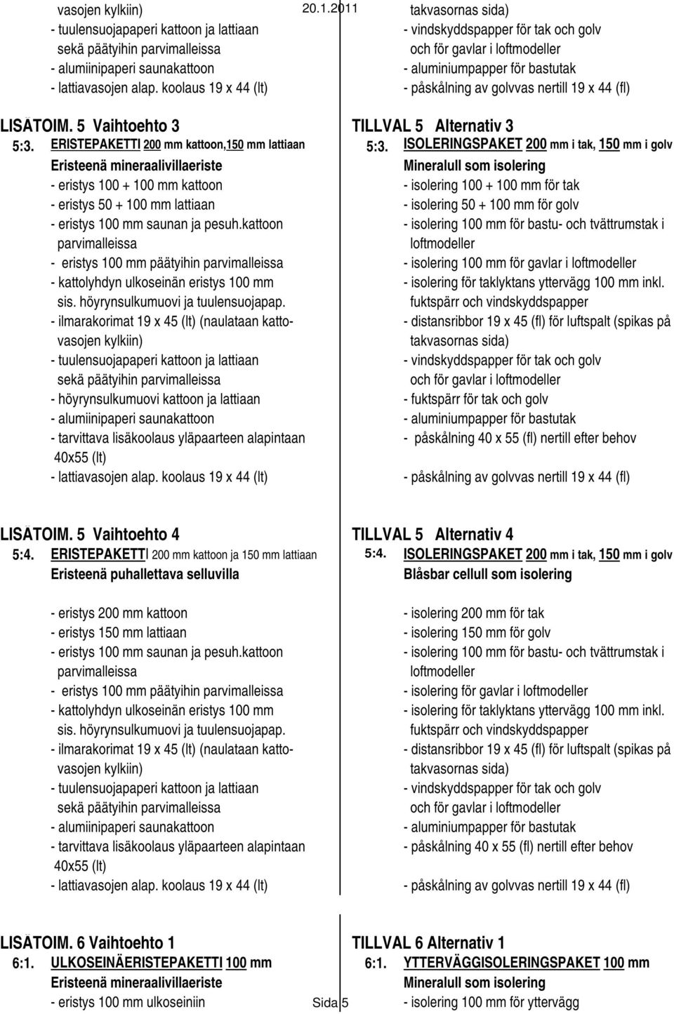 isolering 50 + 100 mm för golv - eristys 100 mm päätyihin parvimalleissa - isolering 100 mm för gavlar i loftmodeller - ilmarakorimat 19 x 45 (lt) (naulataan katto- - distansribbor 19 x 45 (fl) för