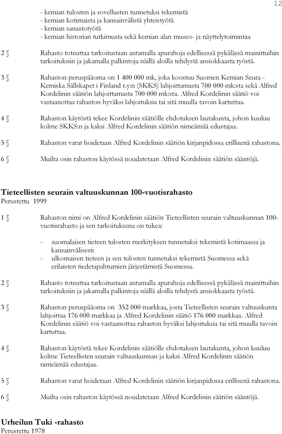 3 Rahaston peruspääoma on 1 400 000 mk, joka koostuu Suomen Kemian Seura - Kemiska Sällskapet i Finland r.