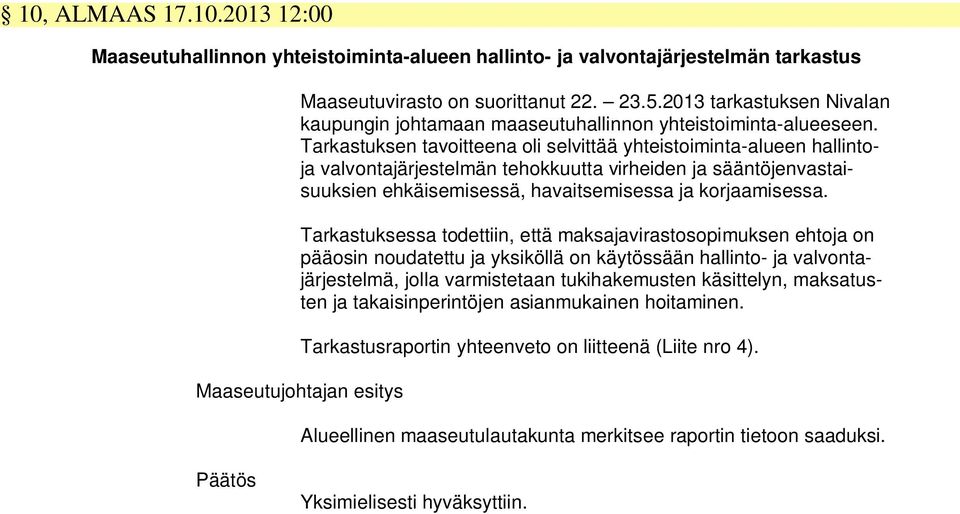 Tarkastuksen tavoitteena oli selvittää yhteistoiminta-alueen hallintoja valvontajärjestelmän tehokkuutta virheiden ja sääntöjenvastaisuuksien ehkäisemisessä, havaitsemisessa ja korjaamisessa.