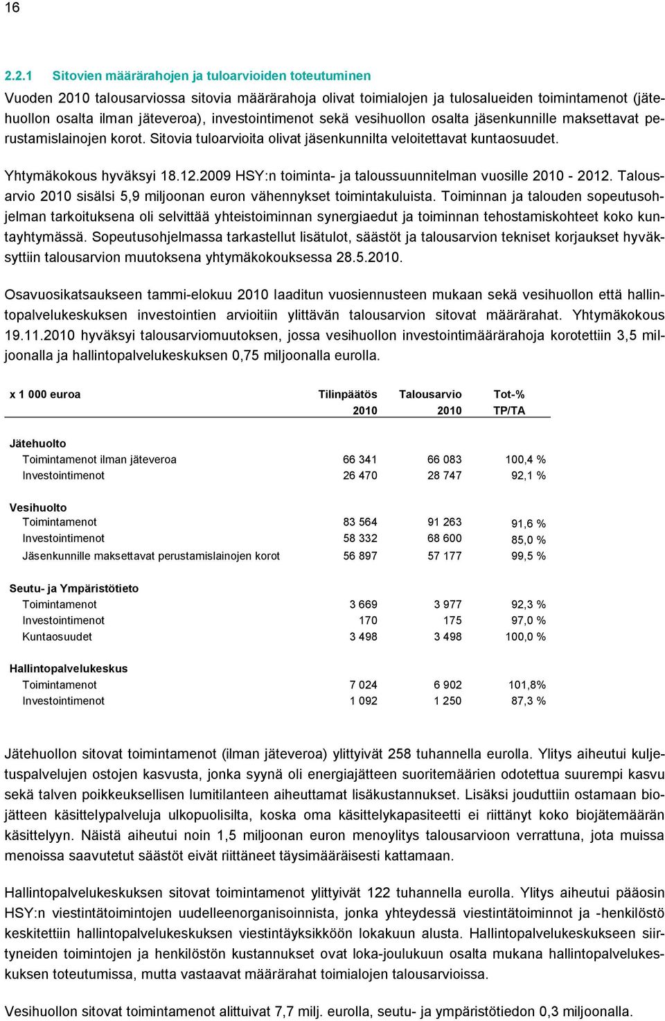 2009 HSY:n toiminta- ja taloussuunnitelman vuosille 2010-2012. Talousarvio 2010 sisälsi 5,9 miljoonan euron vähennykset toimintakuluista.