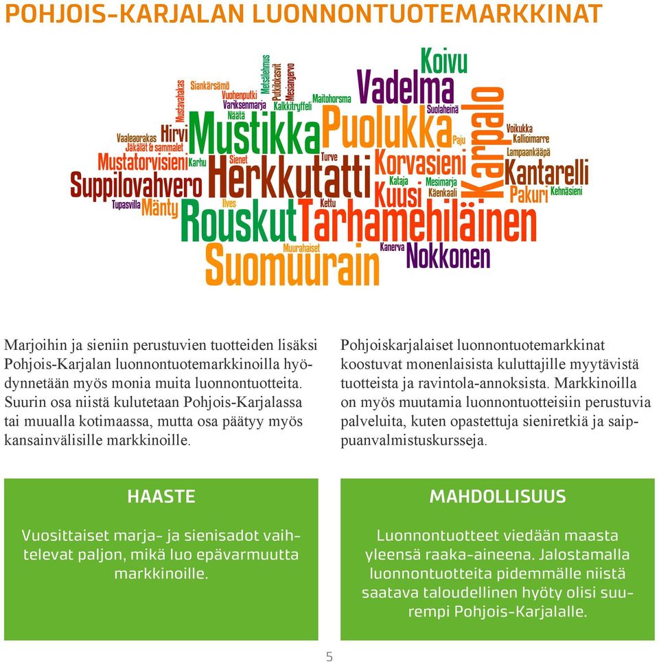 Pohjoiskarjalaiset luonnontuotemarkkinat koostuvat monenlaisista kuluttajille myytävistä tuotteista ja ravintola-annoksista.
