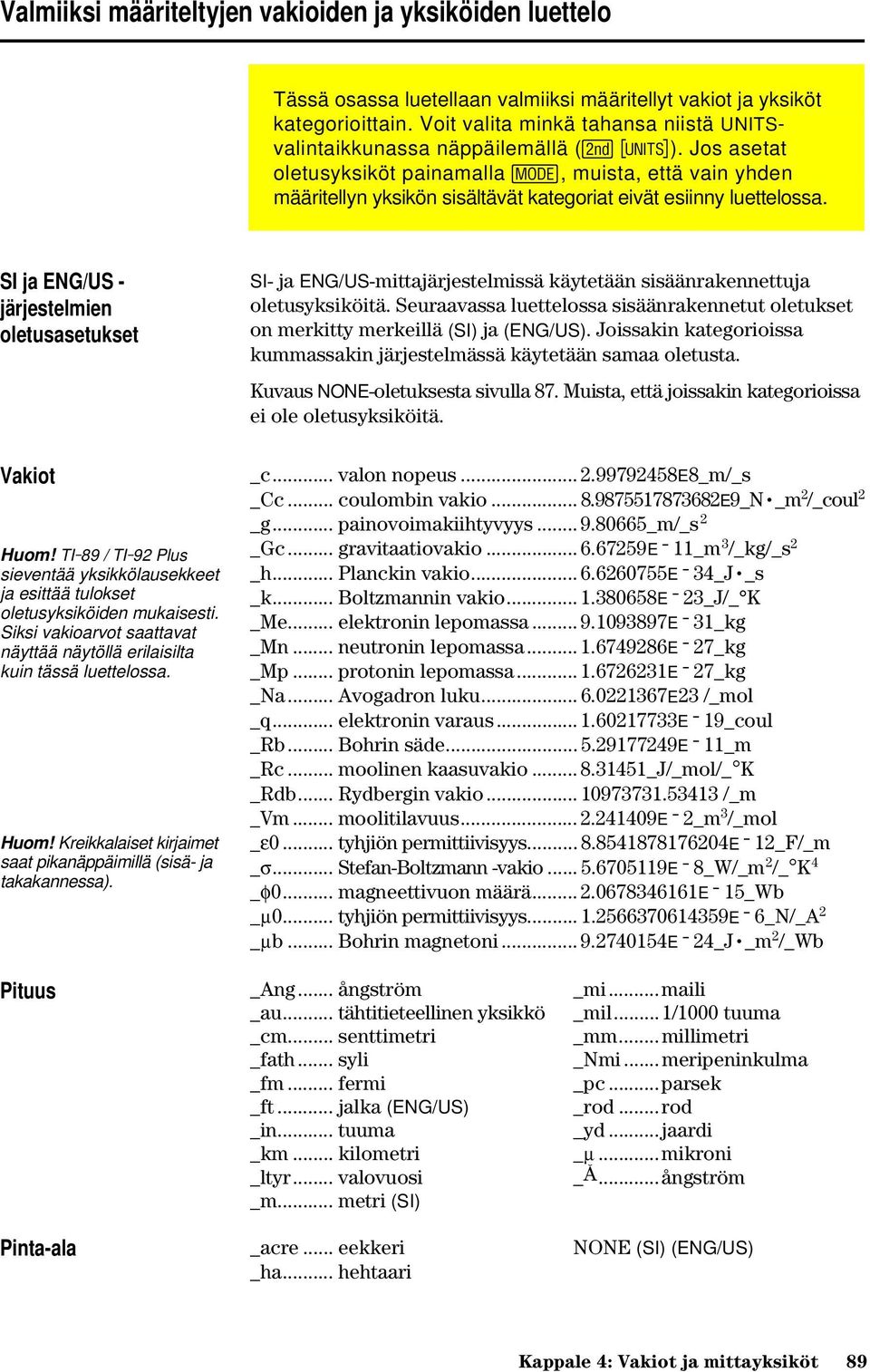 Jos asetat oletusyksiköt painamalla 3, muista, että vain yhden määritellyn yksikön sisältävät kategoriat eivät esiinny luettelossa. SI ja ENG/US - järjestelmien oletusasetukset Vakiot Huom!