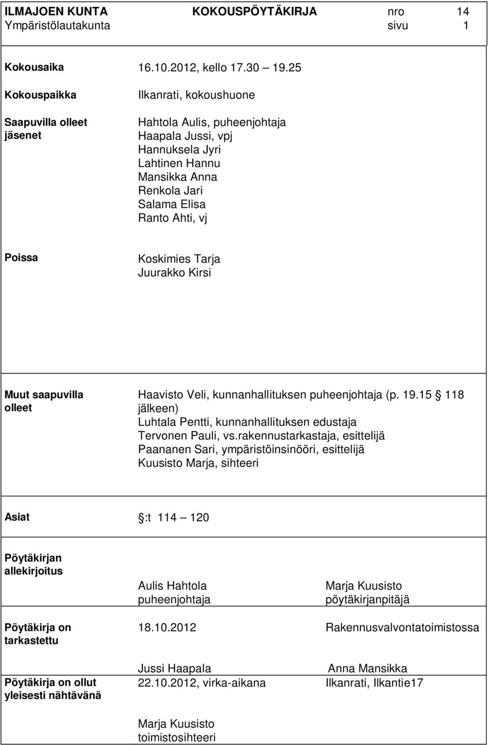 Poissa Koskimies Tarja Juurakko Kirsi Muut saapuvilla olleet Haavisto Veli, kunnanhallituksen puheenjohtaja (p. 19.15 118 jälkeen) Luhtala Pentti, kunnanhallituksen edustaja Tervonen Pauli, vs.