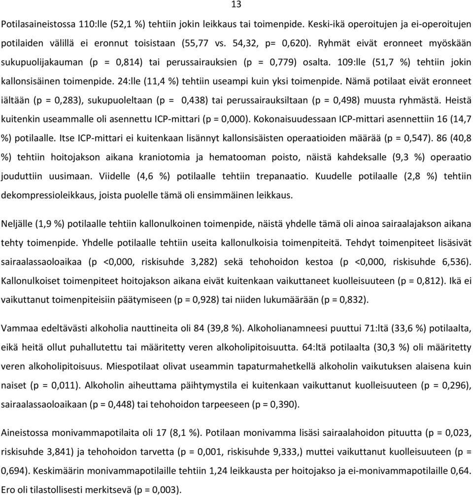 24:lle (11,4 %) tehtiin useampi kuin yksi toimenpide. Nämä potilaat eivät eronneet iältään (p = 0,283), sukupuoleltaan (p = 0,438) tai perussairauksiltaan (p = 0,498) muusta ryhmästä.