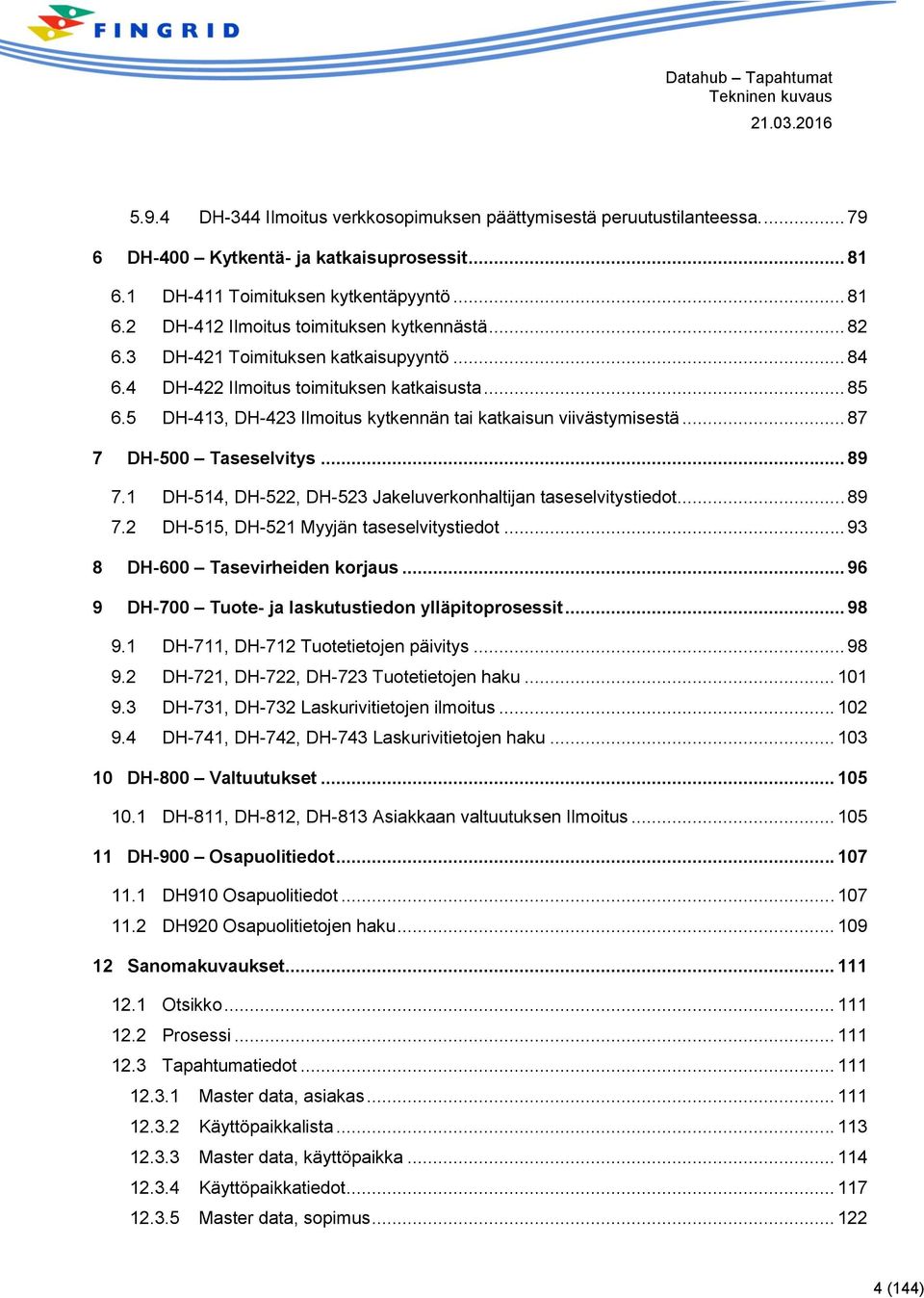 .. 89 7.1 DH-514, DH-522, DH-523 Jakeluverkonhaltijan taseselvitystiedot... 89 7.2 DH-515, DH-521 Myyjän taseselvitystiedot... 93 8 DH-600 Tasevirheiden korjaus.