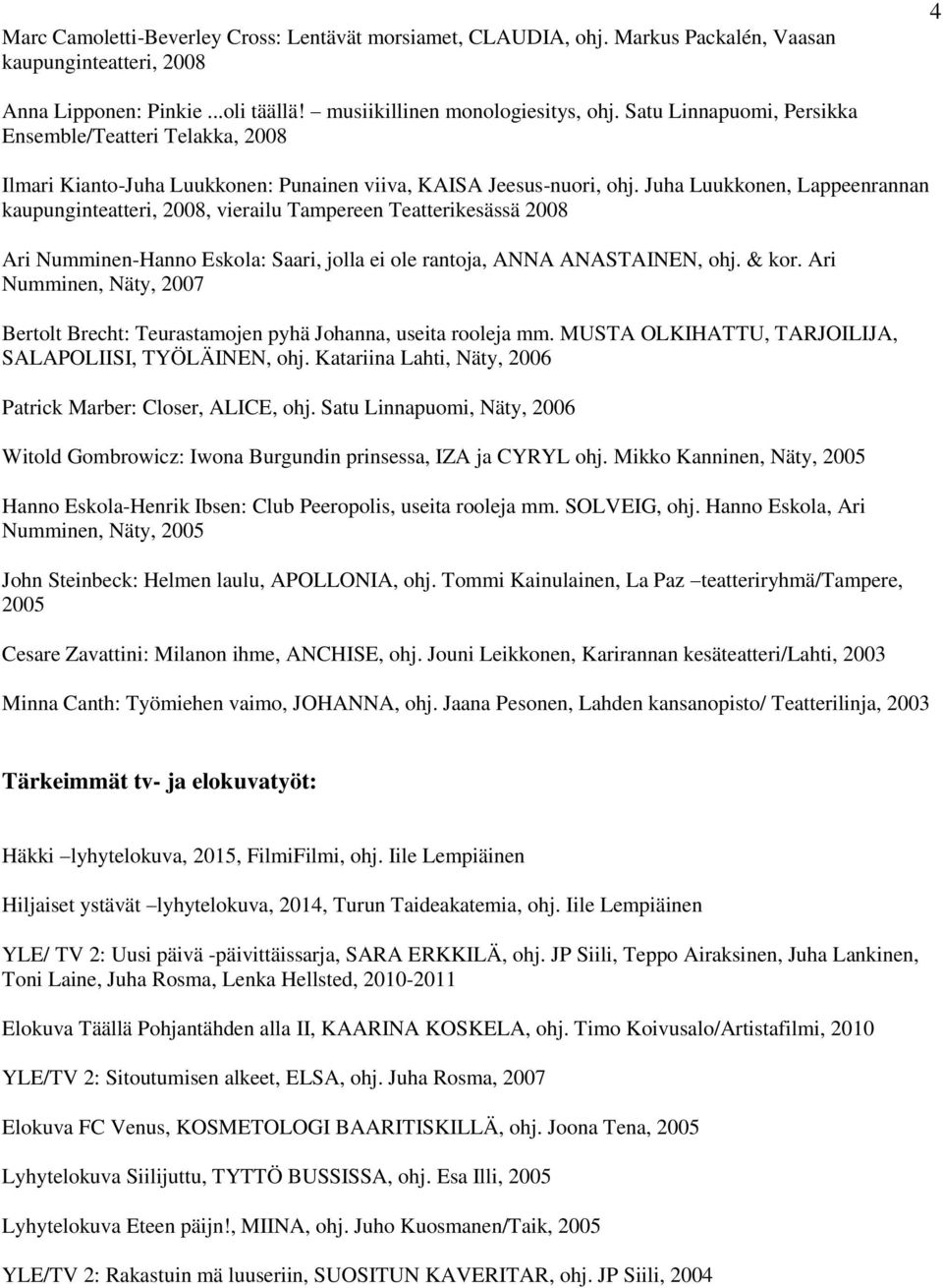 Juha Luukkonen, Lappeenrannan kaupunginteatteri, 2008, vierailu Tampereen Teatterikesässä 2008 Ari Numminen-Hanno Eskola: Saari, jolla ei ole rantoja, ANNA ANASTAINEN, ohj. & kor.