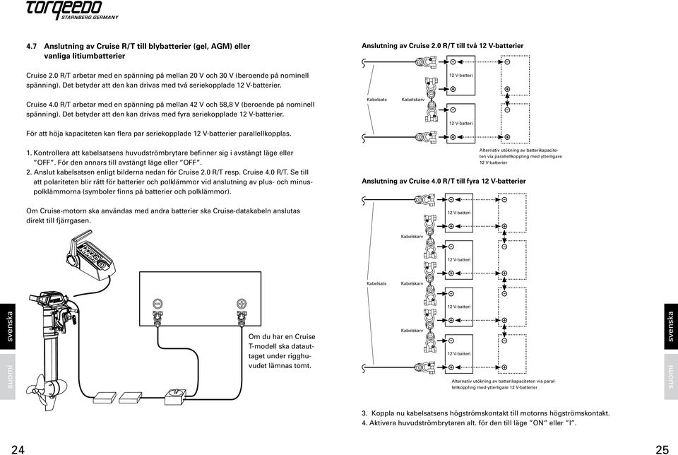 0 R/T arbetar med en spänning på mellan 42 V och 58,8 V (beroende på nominell spänning). Det betyder att den kan drivas med fyra seriekopplade 12 V-batterier.
