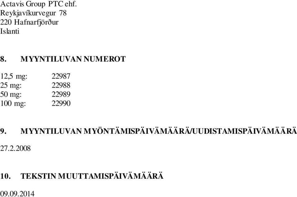 MYYNTILUVAN NUMEROT 12,5 mg: 22987 25 mg: 22988 50 mg: 22989