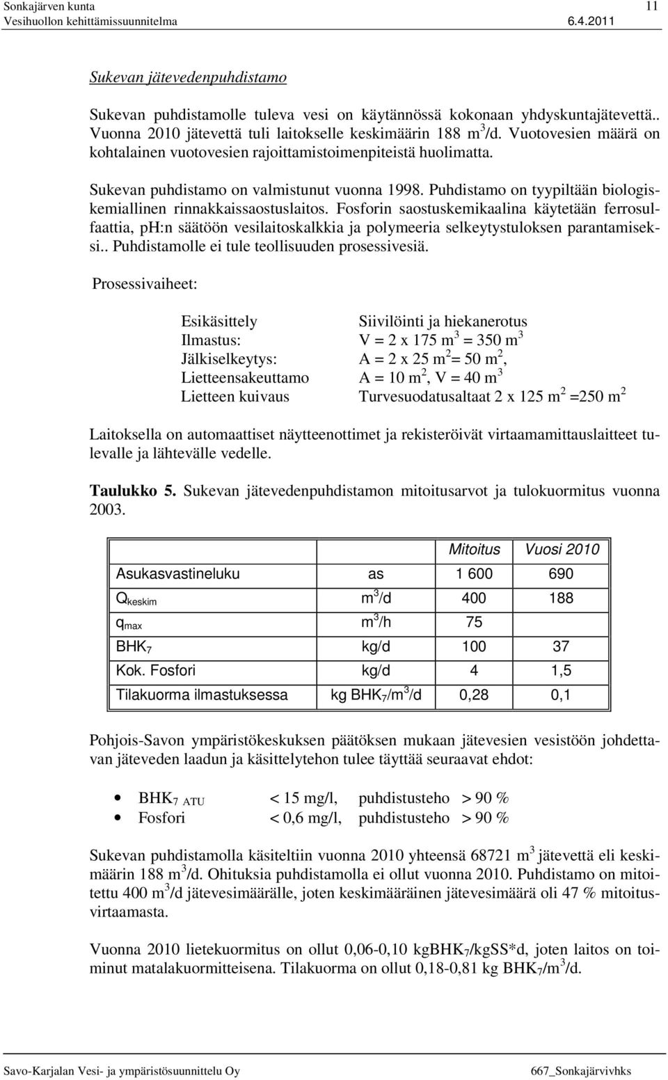 Fosforin saostuskemikaalina käytetään ferrosulfaattia, ph:n säätöön vesilaitoskalkkia ja polymeeria selkeytystuloksen parantamiseksi.. Puhdistamolle ei tule teollisuuden prosessivesiä.