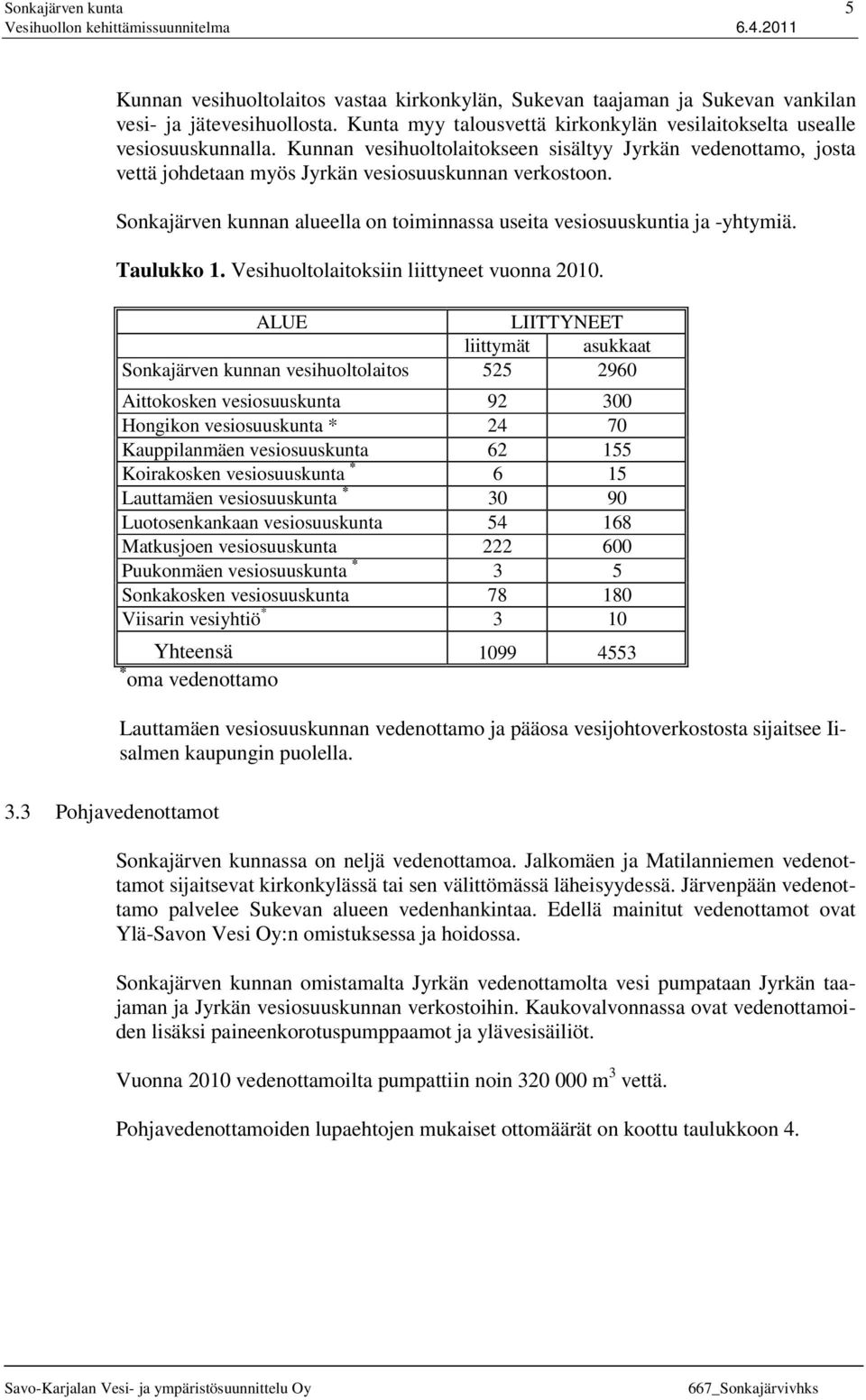 Sonkajärven kunnan alueella on toiminnassa useita vesiosuuskuntia ja -yhtymiä. Taulukko 1. Vesihuoltolaitoksiin liittyneet vuonna 2010.