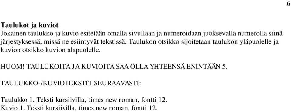 Taulukon otsikko sijoitetaan taulukon yläpuolelle ja kuvion otsikko kuvion alapuolelle. HUOM!