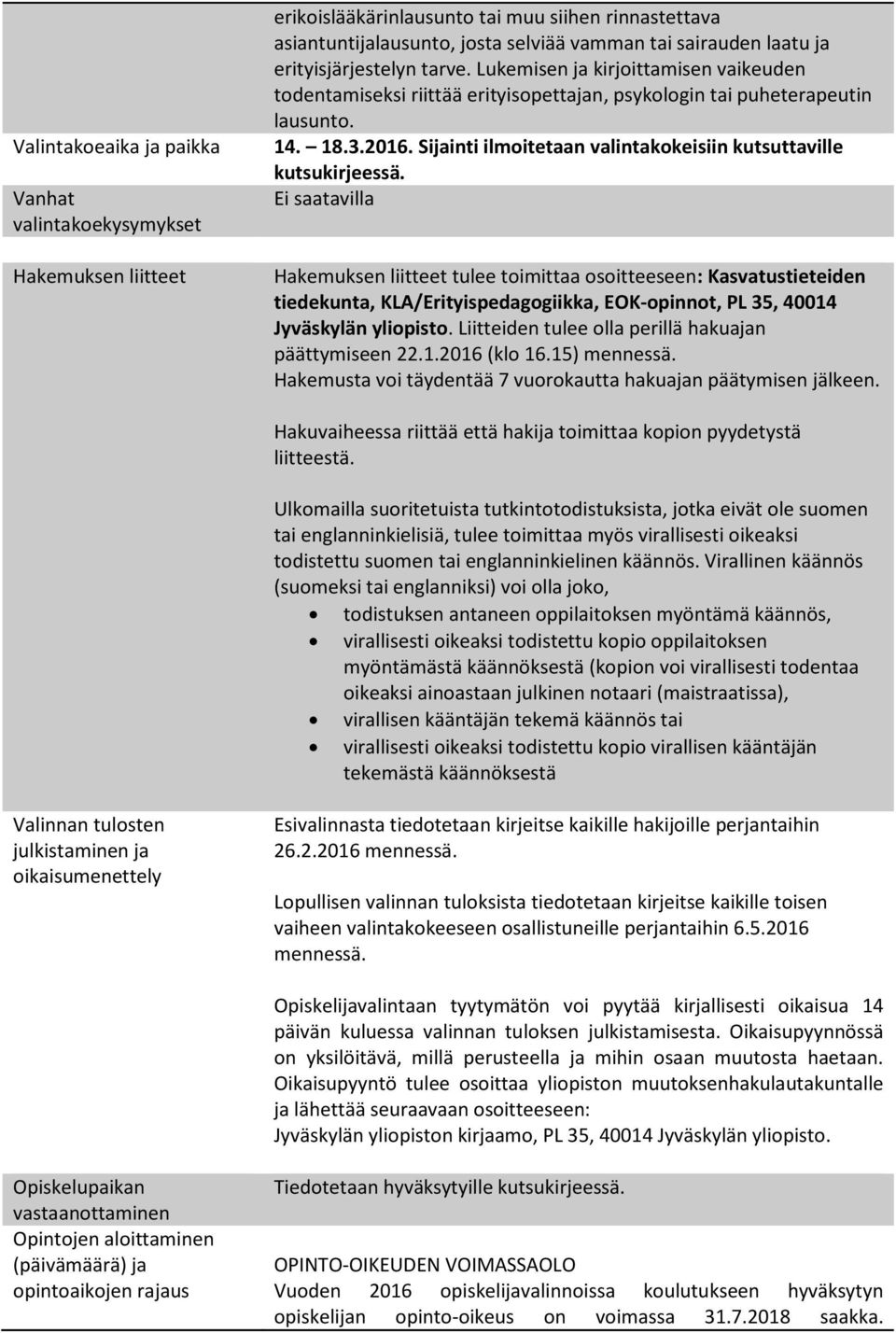 Sijainti ilmoitetaan valintakokeisiin kutsuttaville kutsukirjeessä.