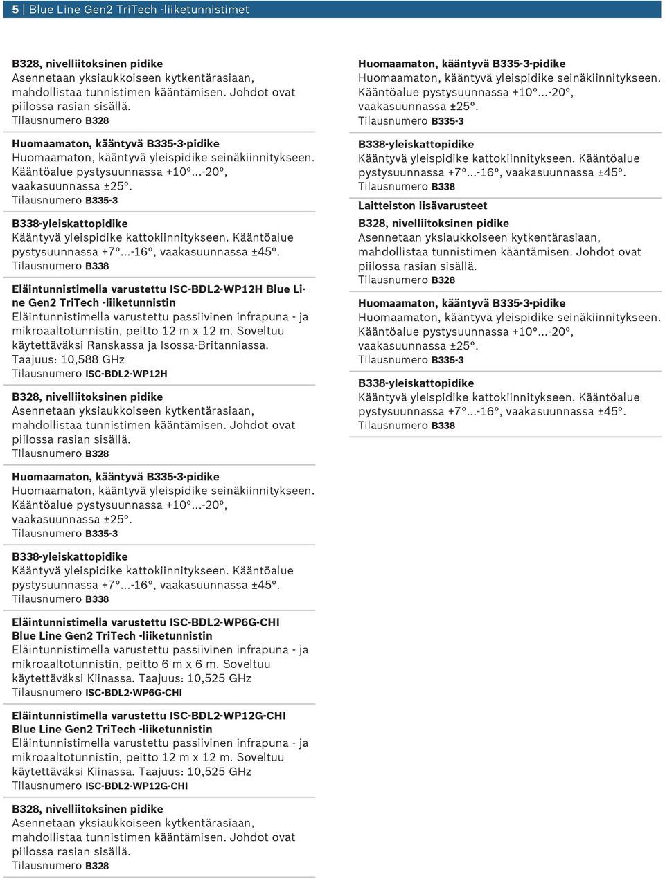 Taajuus: 0,588 GHz Tilausnumero ISC-BDL2-WP2H Laitteiston lisävarusteet Eläintunnistimella varustettu ISC-BDL2-WP6G-CHI Blue Line Gen2 TriTech -liiketunnistin